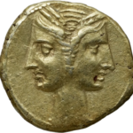 trois huitième de shekel, 215-210 avant JC, punique, or, tete de tanit janiforme